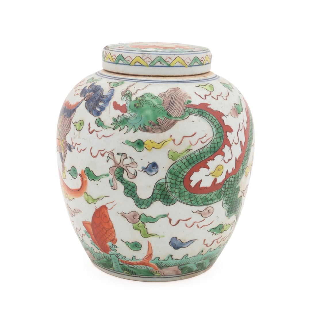 CHINESE FAMILLE VERTE LIDDED PORCELAIN GINGER JAR: Chinese. Famille Verte lidded porcelain ginger jar, having dragon and Qilin decoration, apparently unmarked. Approximate dimensions: h. 10.25", dia. 9.5".