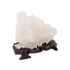 CHINESE CARVED WHITE JADE CABBAGE ON STAND