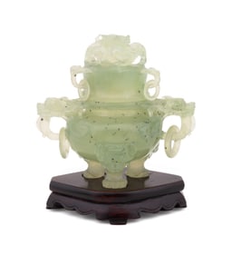 CHINESE CELADON JADE DRAGON CENSER ON STAND