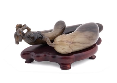 CHINESE CARVED JADE EGGPLANTS ON VINE, W/ STAND