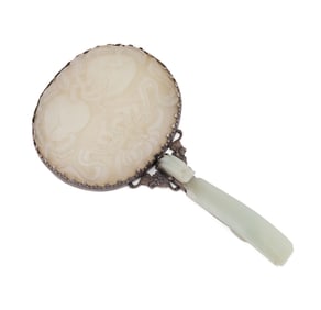 CHINESE ANTIQUE WHITE JADE AND SILVER HAND MIRROR