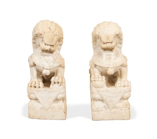 PAIR OF CHINESE WHITE MARBLE GUARDIAN LION FIGURES
