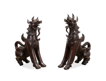 PAIR OF LARGE CARVED BUDDHIST GUARDIAN LIONS