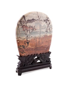 CARVED CHINESE PAINTING STONE W/ LOTUS FLOWER BASE