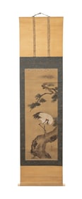 JAPANESE RED CROWNED CRANE PAINTED HANGING SCROLL