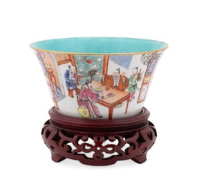 CHINESE FAMILLE ROSE NARRATIVE CUP ON STAND