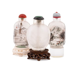 3 CHINESE GLASS SNUFF BOTTLES; 2 REVERSE PAINTED
