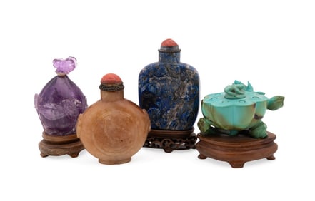 FOUR CHINESE SEMI-PRECIOUS SNUFF BOTTLES