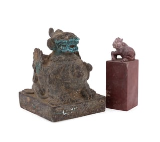 TWO CHINESE BRONZE & SOAPSTONE STAMP SEALS