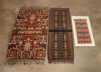 THREE SUMBA ISLAND IKAT TEXTILE PANELS, ONE FRAMED