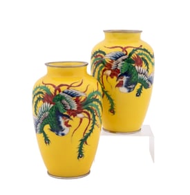 PAIR OF JAPANESE CLOISONNE PHOENIX YELLOW VASES