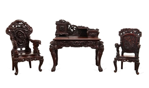 JAPANESE EXPORT CARVED DESK AND TWO ARMCHAIRS