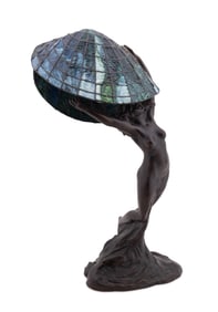 AFTER MAX BLONDAT, FIGURAL STAINED GLASS LAMP