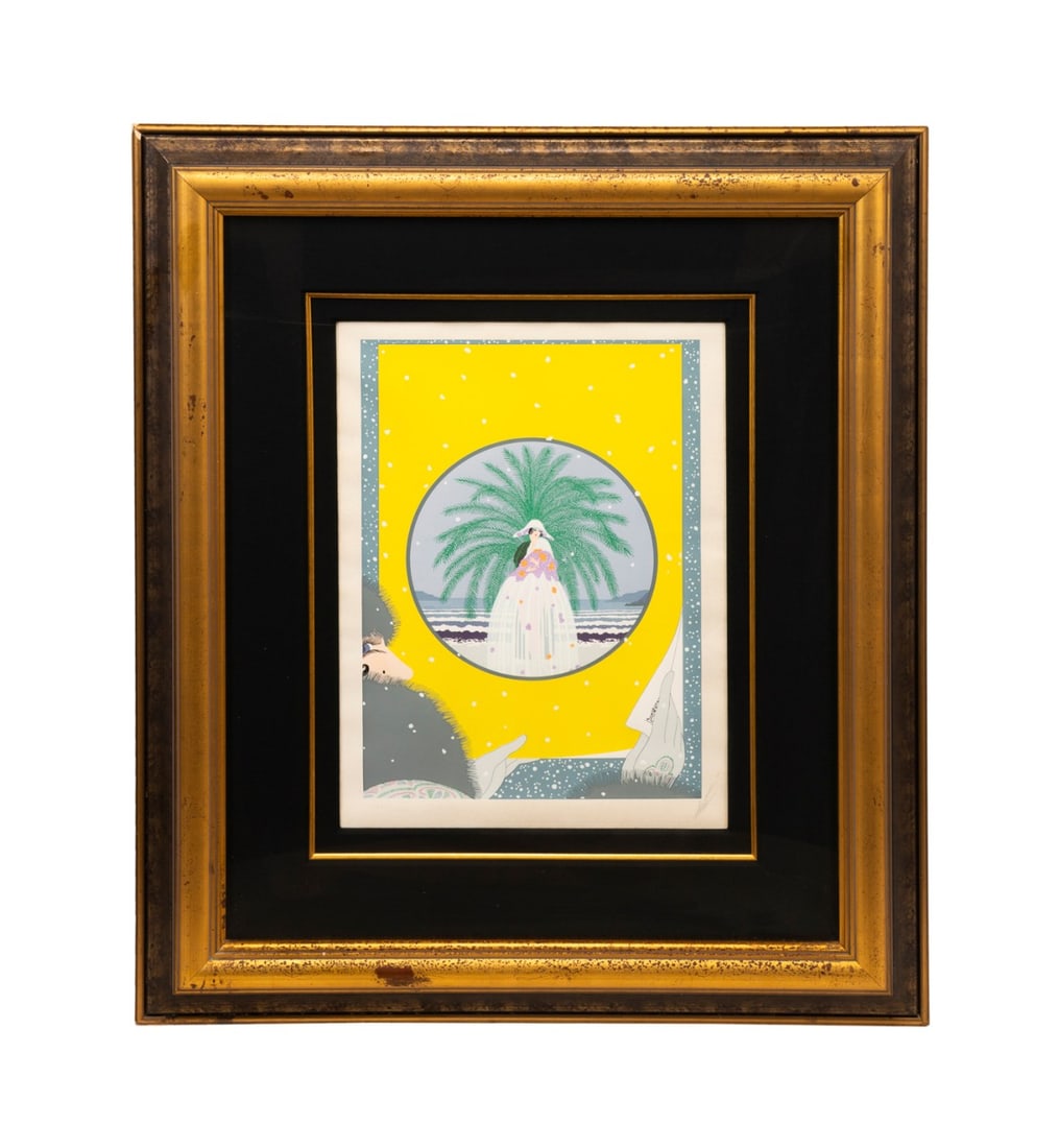 ERTE, 'RIVIERA' 1979 FIGURAL SERIGRAPH, 77/182: Romain de Tirtoff Erte (Russian / French 1892-1990). "Riviera" - 1979, color serigraph on paper, pencil signed to LR, numbered LXXVII/CLXXXII (77/182) and blind stamp for Circle F.A. Corp to LL. Frame