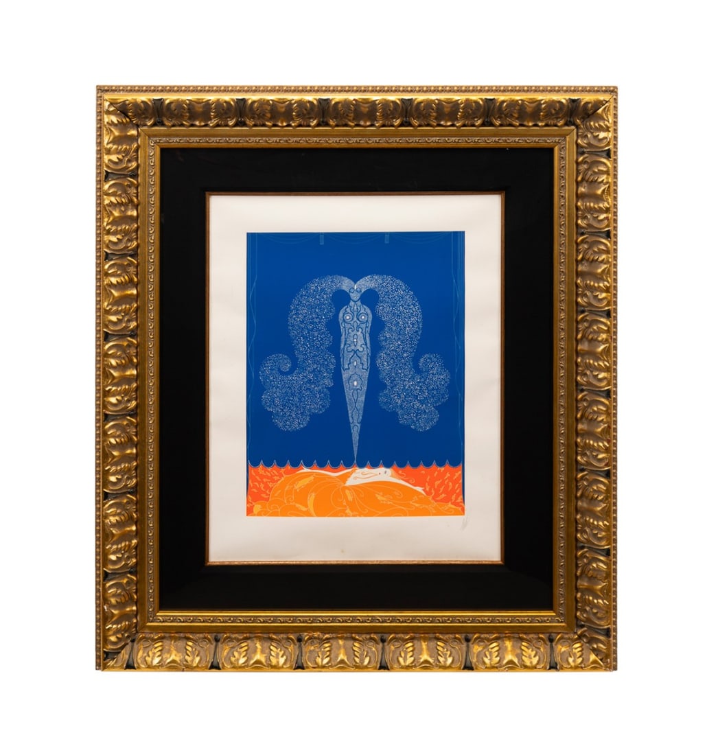 ERTE, 'LE RIDEAU DE L'HIVER' 1979 SERIGRAPH: Romain de Tirtoff Erte (Russian / French 1892-1990). "Le Rideau De L'Hiver" - 1979, color serigraph on paper, pencil signed to LR, publishers blind stamp for "Circle Fine Art" to LL. Framed. Approxima