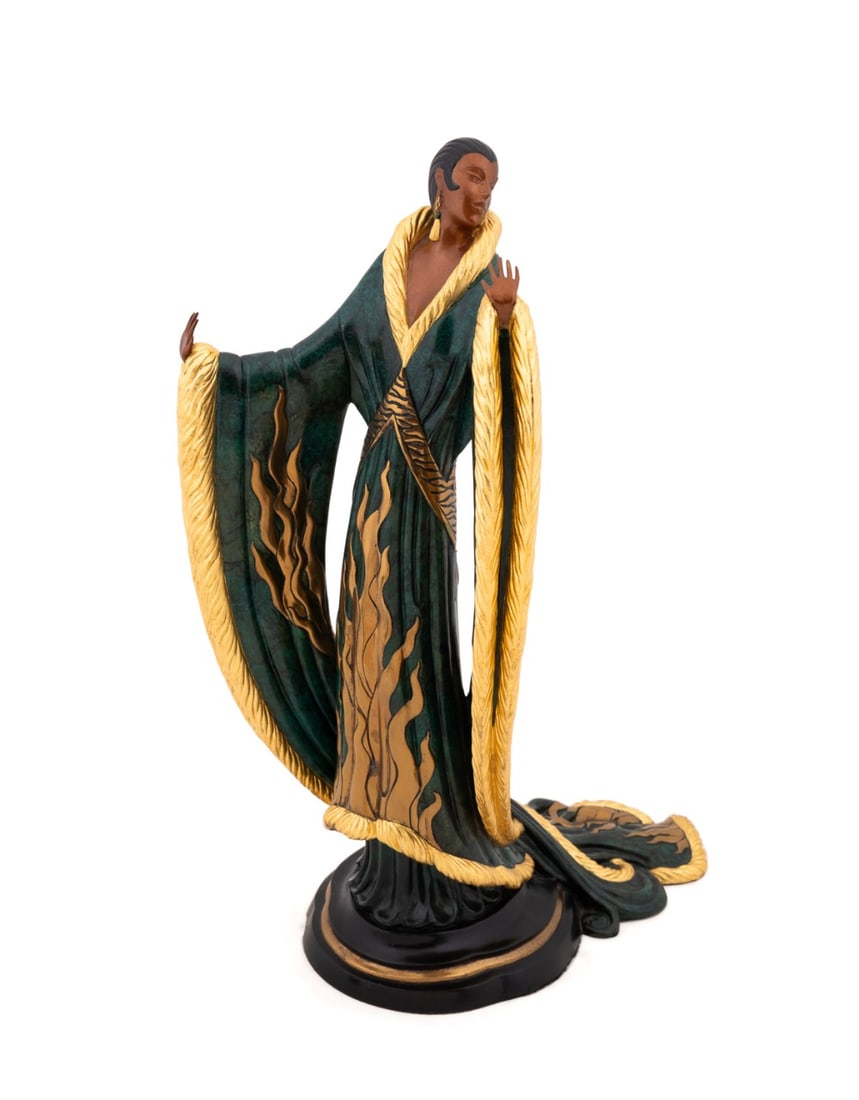 ERTE, 'FEMME DE LUXE', LTD. EDITION BRONZE FIGURE: After Romain de Tirtoff, 'Erte' (Russian/French,1892-1990) for Seven Arts Limited (English). Femme de Luxe'" - 1990, cold painted cast bronze, signed, dated and numbered, 53/500 in mold to edge of bas
