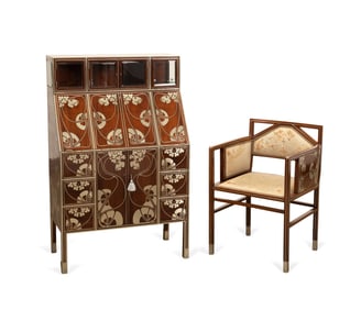 C.1900 ART NOUVEAU SILVER INLAID SECRETARY & CHAIR