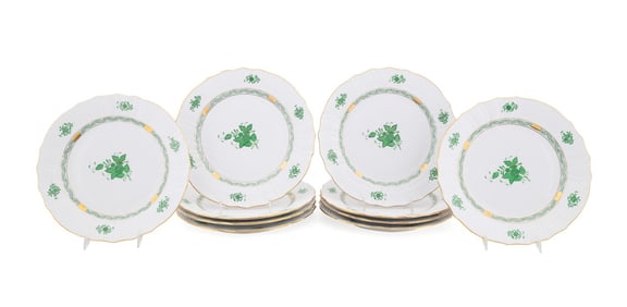 HEREND, 10 'CHINESE BOUQUET' GREEN SERVICE PLATES