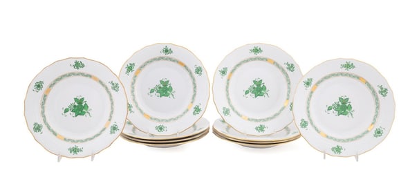 HEREND, 10 'CHINESE BOUQUET' GREEN LUNCHEON PLATES