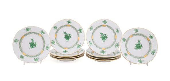 HEREND, 10 'CHINESE BOUQUET' GREEN BREAD PLATES