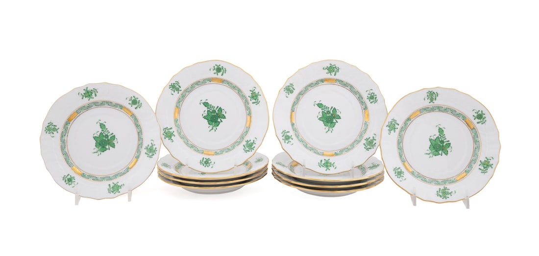 HEREND, 10 'CHINESE BOUQUET' GREEN BREAD PLATES (1 of 6)