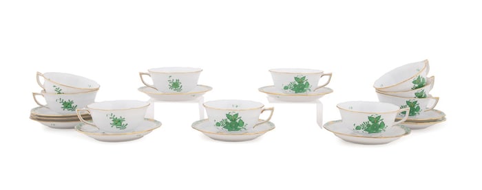 HEREND, 10 'CHINESE BOUQUET' GREEN CUPS & SAUCERS
