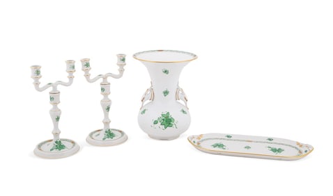 HEREND, 4 PC 'CHINESE BOUQUET' GREEN TABLEWARE