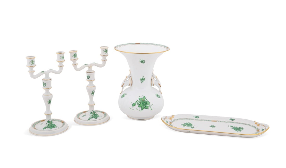 HEREND, 4 PC 'CHINESE BOUQUET' GREEN TABLEWARE (1 of 14)