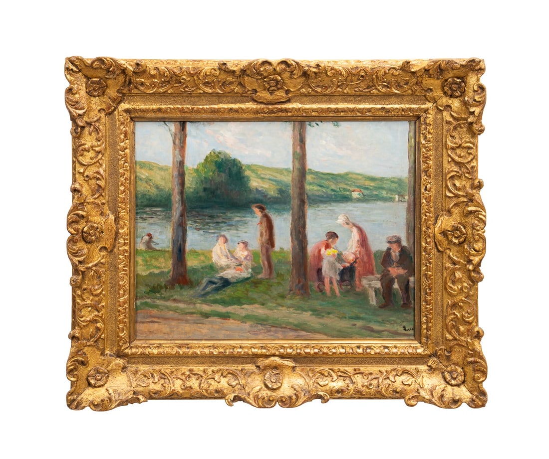 M. LUCE, 'ROLLEBOISE DE REPOS SUR LES BERGES' OIL: Maximilien Luce (French, 1858-1941). "Rolleboise de Repos sur les Berges", oil on paper laid to canvas, signed "Luce" to LR, label to verso for Knoke Fine Arts, Marietta, GA. Framed. Provenance: Priva