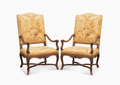 PR OF REGENCE STYLE TAPESTRY UPHOLSTERED FAUTEUILS