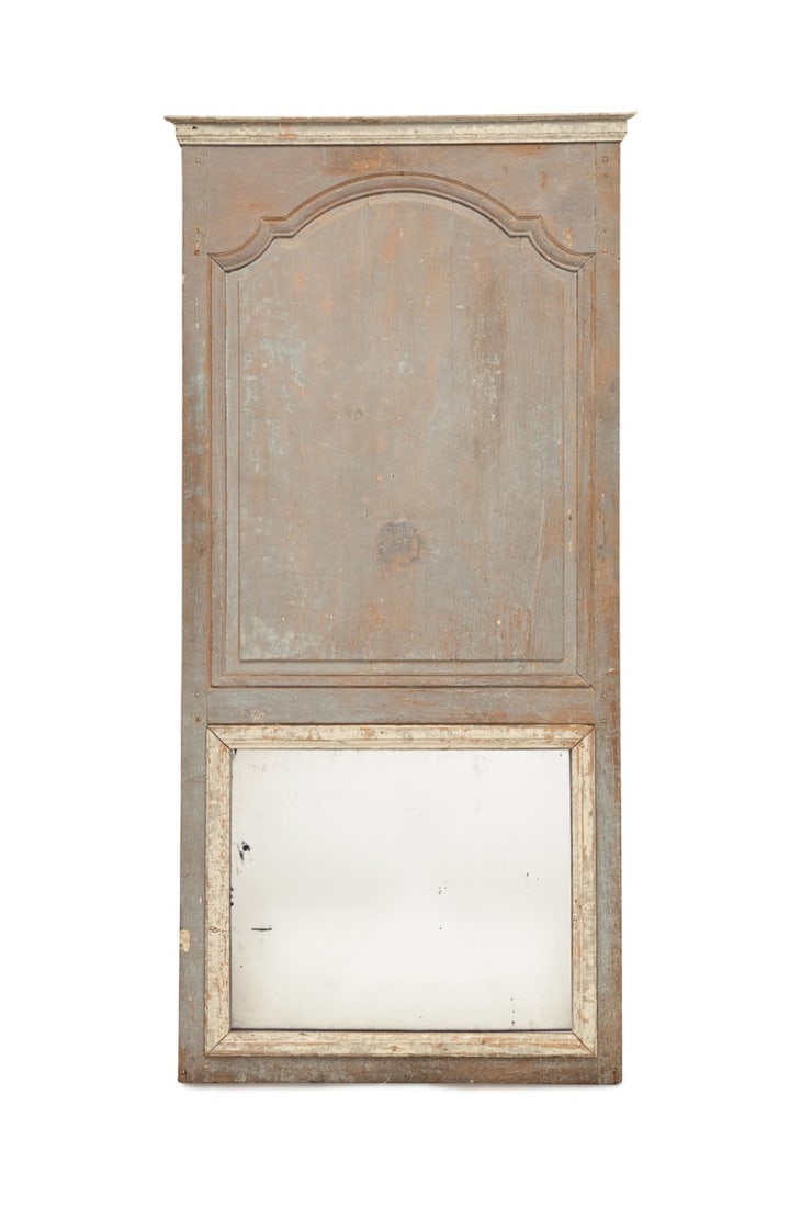 LOUIS XV DISTRESSED BOISERIE TRUMEAU MIRROR: French, 18th century and later. Louis XV distressed grey painted wooden boiserie trumeau mirror, having a shaped cornice and panel above a mirrored plate, apparently unmarked. Provenance: Private Coll