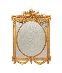 19TH C. LOUIS XVI STYLE GILTWOOD LOVE BIRDS MIRROR