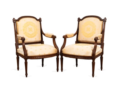 PAIR OF LOUIS XVI STYLE MAHOGANY FAUTEILS, C. 1900