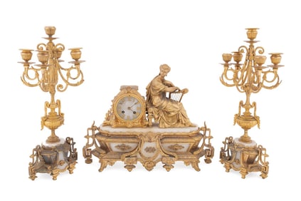 LOUIS XVI REVIVAL 3-PIECE CLOCK GARNITURE SET