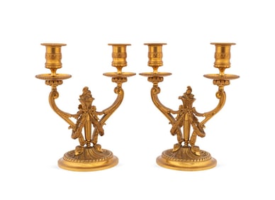 PAIR OF LOUIS XVI GILT BRONZE 2-LIGHT CANDELABRA