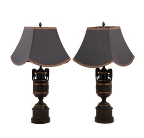 PR OF GRAND TOUR BRONZE URN LAMPS WITH TOLE SHADES