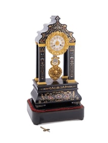 FRENCH NAPOLEON III GILT AND MOP PORTICO CLOCK