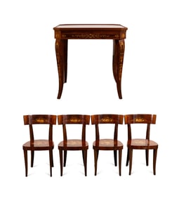 ITALIAN INLAID WOOD GAME TABLE WITH FOUR CHAIRS