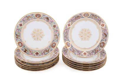 SEVRES STYLE, 12 ROYAL HUNTING SERVICE PLATES