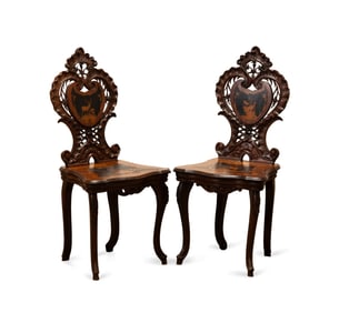 PAIR OF BLACK FOREST MARQUETRY INLAID HALL CHAIRS
