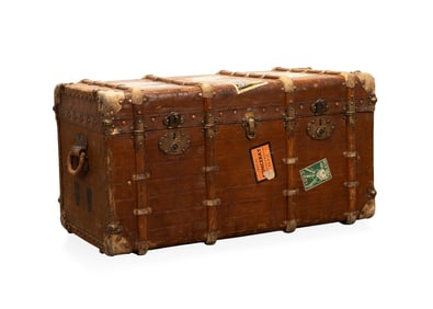 FRENCH TRAVEL STEAMER TRUNK WITH LUGGAGE LABELS