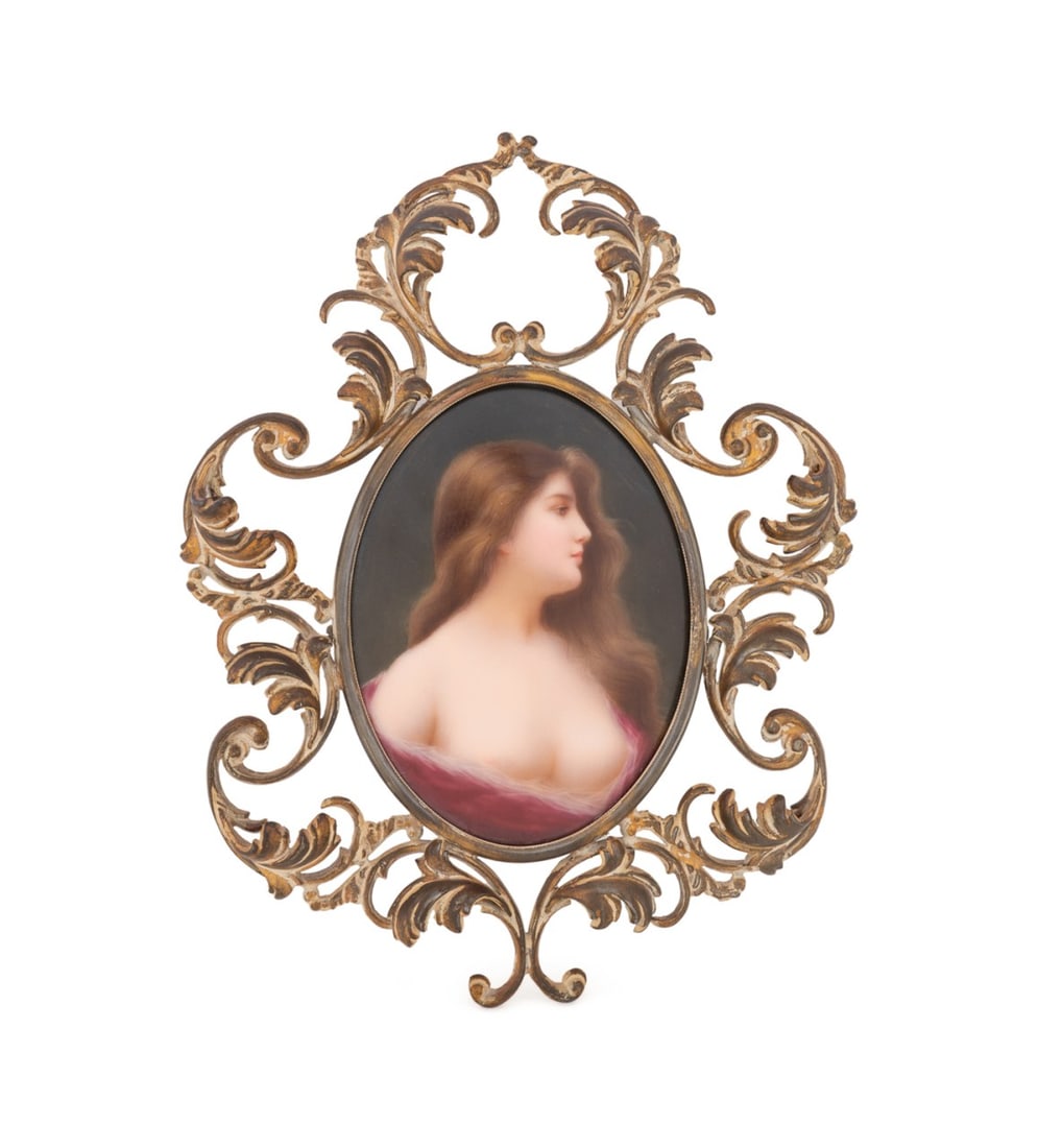 ANGELO ASTI, 'ODALISKE' PAINTED PORCELAIN PLAQUE: Angelo Asti (Italian / French, 1847-1903); plaque: German, second half 19th century. Oval painted porcelain plaque, "Odaliske" or "Odalisque", depicting a brunette beauty, artist and title noted to th