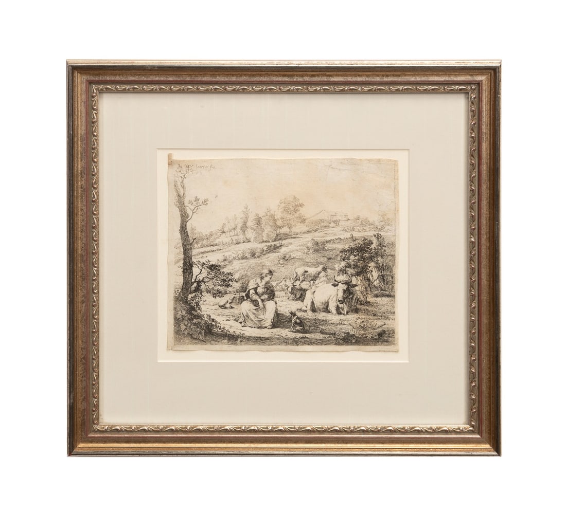 K. DUJARDIN, SHEPHERDESS & HER FLOCK, 1653 ETCHING (1 of 5)