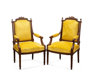 PAIR OF LOUIS XVI STYLE WALNUT FAUTEUIL ARMCHAIRS