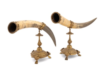 PAIR OF L. 19TH C. GILT BRONZE MOUNTED HORNS