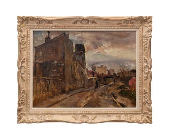 PIERRE DAURA, TOWN SCENE WITH FIGURE, OIL PAINTING