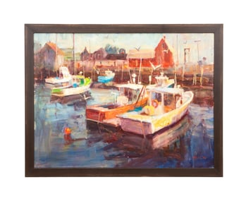 KEN VALASTRO 'BOATS REPOSE' DOCK SCENE, OIL