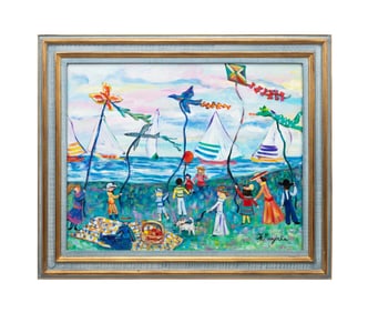 W. RUZICKA, CHILDREN FLYING KITES, WHIMSICAL OIL