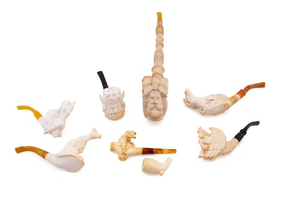 SEVEN HAND CARVED TURKISH MEERSCHAUM PIPES