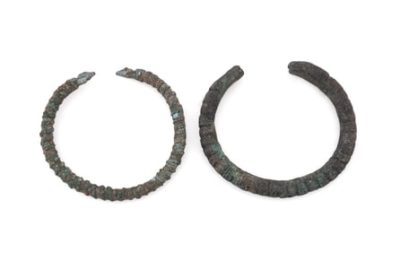 TWO ANCIENT ROMAN BRONZE CUFF BANGLE BRACELETS
